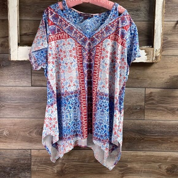 Gloria Vanderbilt Womens Embellished Tunic,Asymmetrical,Size 2X,Red,White,Blue - Picture 1 of 8